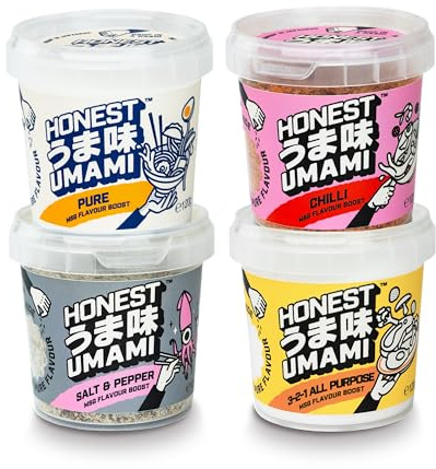 Honest Umami MSG Flavour Boost Mixed 4-Pack, Pure and 3-2-1 All-Purpose and Salt and Pepper and Chilli Seasoning Pots, Made by Fermentation, Naturally Gluten Free, Plant Based