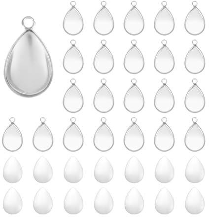 UNICRAFTALE 60 Sets 304 Stainless Steel Blank Bezels Teardrop Pendant Making Kit Oval Border Glass Cabochon Tray Charm Hole 1.6mm for Jewelry Making