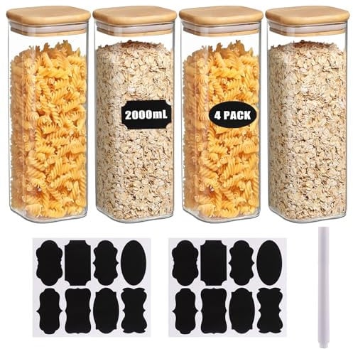 LOPYXBR 4 Stück Vorratsgläser mit Deckel 2L Vorratsdosen Glas mit Deckel Luftdicht Vorratsgläser Eckig Vorratsglas Eckig mit Holzdeckel und Etiketten für Pasta Cornflakes Spaghetti Kaffeebohnen
