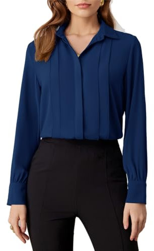 GRACE KARIN Damen Elegante Chiffon Bluse Langarm Büroblusen Reverskragen Sommer Blusenshirt Plisse Slim Fit Shirt Freizeit Oberteile Dunkelblau M