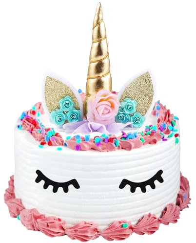 LUKIUP 4 Stück Einhorn Tortendeko, 3D Gold Einhorn Kuchen Topper, Einhorn Kuchendeko, Einhorn Niedlich Wimpern und Kuchenboden Kuchen Torte Deko für Party Supplies Geburtstag Hochzeit Weihnachten