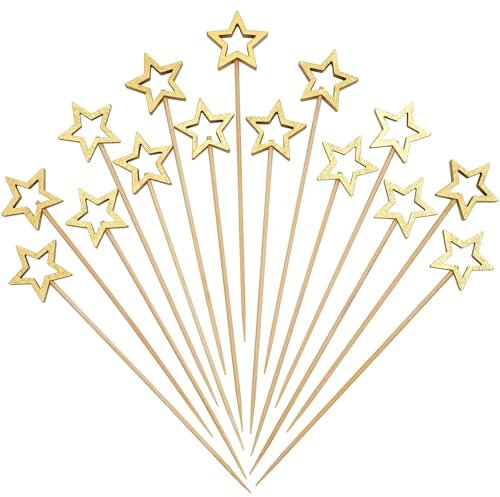 50 picos de cóctel de estrella de oro grande, palillos de bambú de 5,5 pulgadas de largo para entrantes, decorativos Navidad Año Nuevo, fiesta, comida, bebidas, adornos, palillos de frutas (estrella)