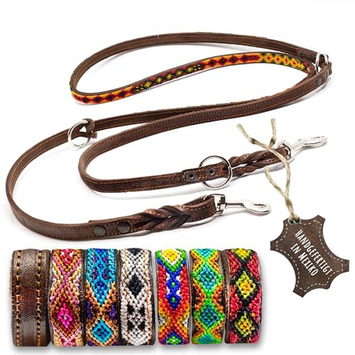 ALTEZAR Handgemachte Hundeleine Leder – Handgefertigt für kleine Hunde Robuste Fettlederleine mit bunten Stickereien Verstellbare Lederleine für Hund – dünne Leder-Leine Feuerrot für kleine Hunde