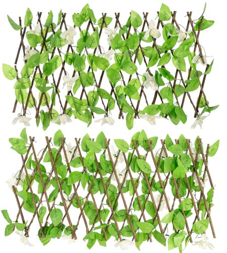 Trintion Artificial Fence Screening, Foldable Trellis with Artificial Leaves, Privacy Garden Fence Screening, Expandable Decorative Faux Ivy Panel for Patio, Outdoor, 30x200cm (2pcs, White Flowers)