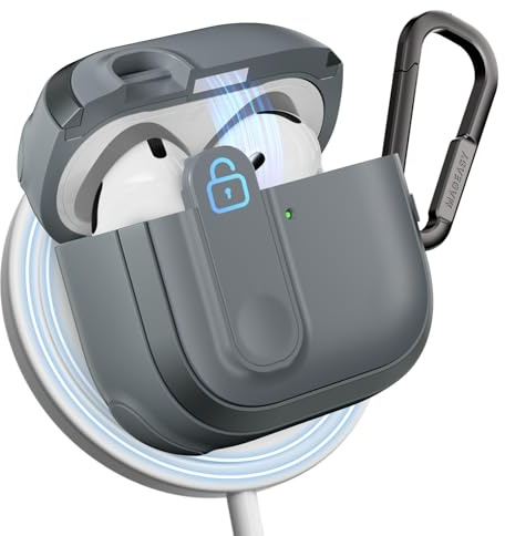 MAGEASY Design for AirPods 4 Case Cover - Rugged AirPods 4 Case with Lock | Work with Cable & Wireless Charging (Only ANC Charge Wirelessly) | Include Carabiner - Odyssey, Metal Blue Gray