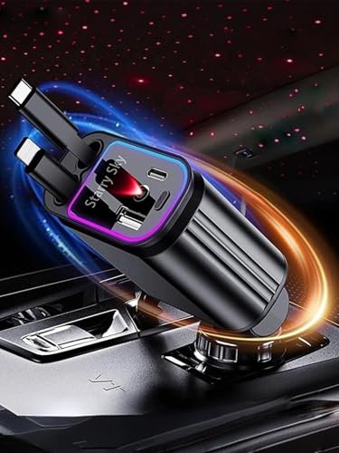 ALIANSHENG 4 in 1 Retractable Car Charger with Starry Sky Light, 180° Adjustable Fast USB-C Charger Compatible with iPhone 16/15/14/13/12, Galaxy S24/S23, Android Devices – for Cars, SUVs, Trucks, RVs