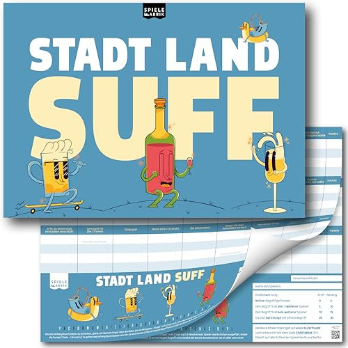 Stadt Land Fluss SUFF Spiel für Erwachsene Quiz mit 24 feucht-fröhlichen Kategorien | Spiele-Klassiker als Partyspiel, Partygeschenk DIN A4-Block mit 50 Blatt
