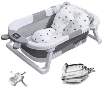 Baignoire pliable pour bébé, avec affichage de la température en temps réel, coussin de natation et écoulement, baignoire de voyage portable pour nouveau-nés et tout-petits (0 à 36 mois), peu