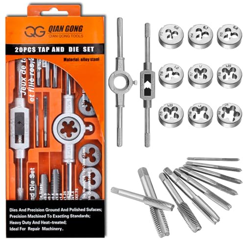 20PCS Tap and Die Set, Alloy Steel Metric Tap and Die Kit M3-M12 Tapping Drill Threading Kit with Taps Wrench Accessories for Cutting External and Internal Thread