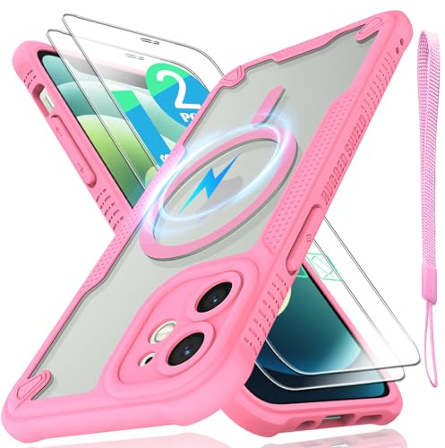 for iPhone 12 mini Case, Translucent Matte Back Compatible with Magsafe Magnetic Slim Shockproof Protective Case with Lanyard Strap and 2*9H Tempered Glass Screen Protector Phone Cover 5.4”-Pink