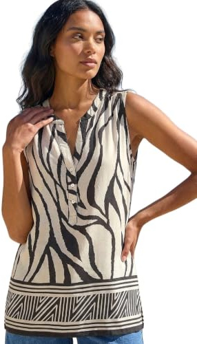 Roman Originals Sleeveless Shirt for Women UK Ladies Vest Tank Top Summer Smart Blouse Stretchy Jersey T-Shirt Casual Spring Holiday Party Beach Vacation Notch Neck - Ivory Stripe - Size 14