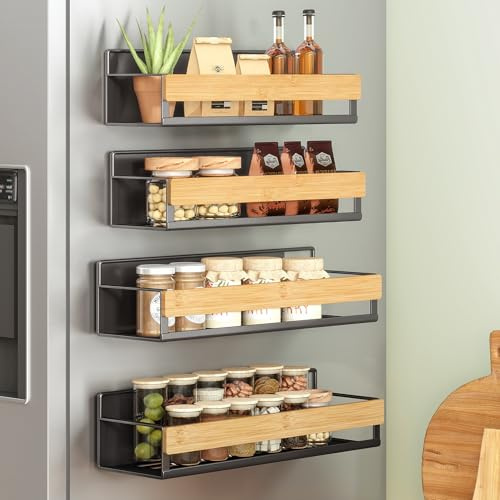 SONGMICS Gewürzregal magnetisch, 4er Set, Magnetregal, Gewürz Organizer | ohne Bohhren, für Küche, Kühlschrank, Mikrowelle, Waschmaschine, 2 große und 2 kleine Regale, tintenschwarz-bambus KCS062BH01