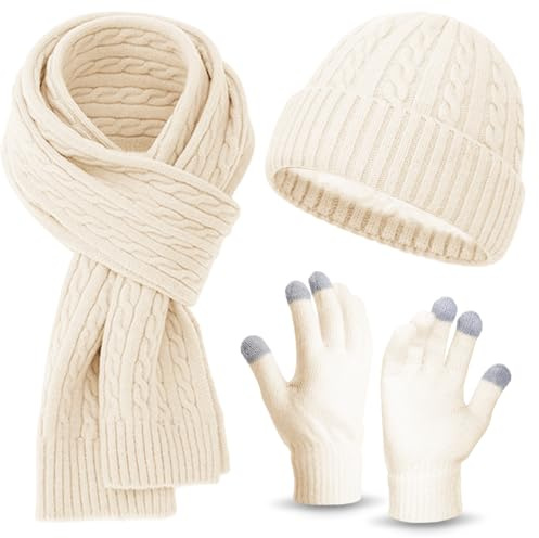 Syvory 3 in 1 Damen Wolle Mütze, Schal & Handschuh-Sets für damen Winter, bommelmütze damen, Geschenk für Frauen, mütze schal set (Beige Weiß)