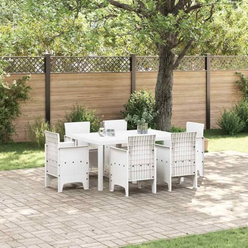 QJBSAVVA Gartenmöbel Set 7tlg Weiß Poly-Rattan Esstisch 150x100x73 cm mit 6 Stühlen & abnehmbaren Kissen Modernes Design Robust und Langlebig für Garten Balkon Terrasse