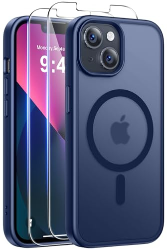 Qasyfanc Magnetic for iPhone 13/iPhone 14 Case with 2 Tempered Glass Screen Protector, Compatible with MagSafe, Shockproof Protection Translucent Matte Phone Case, Dark blue