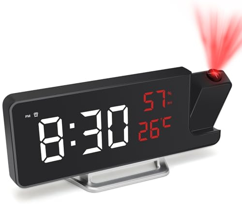 Foyucool Projektionswecker Digital Netzbetrieb, Wecker Nachttisch mit Batterie-Speicherfunktion, 180° Projektor an Decke Wand, USB-Ladeanschluss, Datum Temperatur Anzeige für Tiefschläfer