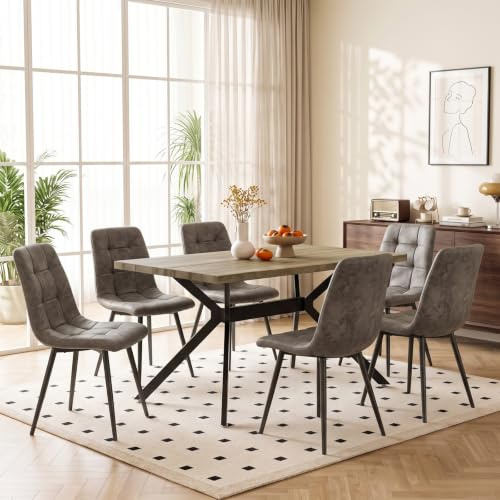 ANVOFONG Esstisch mit 6 Khaki Stühlen,Esstisch in Naturholzfarbe | Essgruppen Esstischmit technisches Esszimmerstühle,Rechteckig Esstisch aus Holz,für Küche Esszimmer und Wohnzimmer