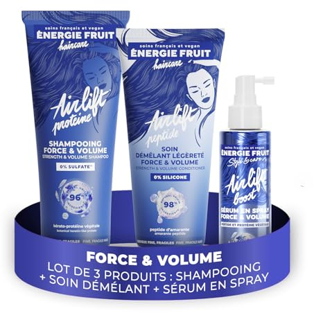 ENERGIE FRUIT Airlift - Routine Cheveux Force et Volume - Sans Sulfate & Silicone - Volumisant, Epaississant - Shampooing, Démêlant, Sérum Spray - Cheveux Fins, Plats, Tombants - 96% Naturel