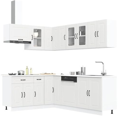 Fecpoo Juego de muebles de cocina Kalmar blanco de madera y cristal, 11 piezas con amplio espacio de almacenamiento, para cocina con fregadero y lavavajillas
