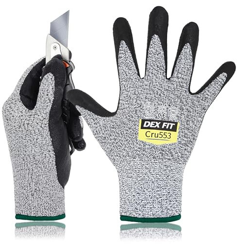 DEX FIT Guantes Anticortes de Nivel 5 Cru553, Ajuste Cómodo Elástico 3D, Buen Agarre, Recubrimiento de Espuma Duradero de Nitrilo, Táctil, Fino y Ligero, Lavable, Gris 8 (M) 3 Pares