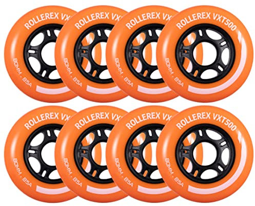 Rollerex VXT500 Inline-Skate-Rollen, 8er Pack, 85 A, langlebige Rollerbladen-Räder für Indoor- und Outdoor-Skaten, passend für Standard-608-Kugellager (Sunrise Orange, 72 mm)