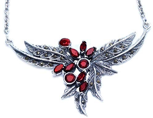 WINDALF Mediaval Bohemia Collier KALIA 4.2 cm Gothic Steam Punk Design Vintage Zarte Blätter Rote Funkelnde Zirkonia 925 Sterlingsilber