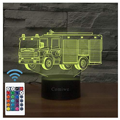 Comiwe Feuerwehrauto 3D Illusion Nachtlicht Spielzeug,Dekoration LED Nachttischlampe 16 Farben Ändern mit Fernbedienung,Weihnachten Deko Lampe Geburtstagsgeschenk Für Mädchen Jungen Kinder und Freunde