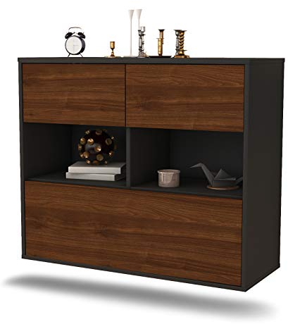 Dekati Sideboard Newport News hängend (92x77x35cm) Korpus anthrazit matt - Front Holz-Design Walnuss - Push to Open