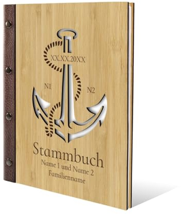 Stammbuch Gravur individuell Bambus Cover lasergeschnitten mit Echtleder Rücken und Extras Stammbuchformat hoch 175 x 220 mm - Anker
