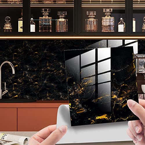 HORIWE Marble Tile Stickers for Kitchen Bathroom Backsplash PVC Waterproof Oil Proof DIY Self Adhesive New Wall Stickers Home Decor 20pc (Black+Gold Marble Pattern 2, 20x20cm(8x8))