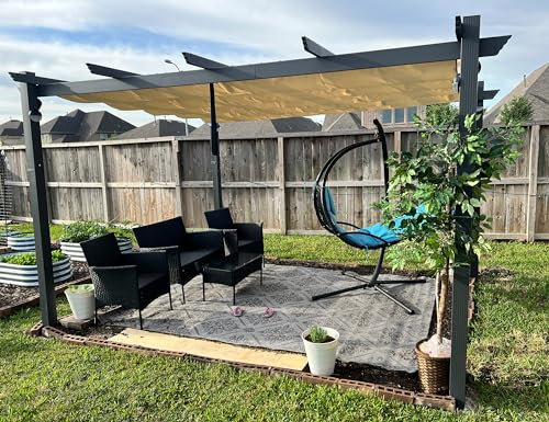 PURPLE LEAF Pergola Aluminium 4 x 3 m Tissu Teint en Fil, Pergolas pour Terrasse Extérieur, Pergola Jardin Extérieur Toit Coulissante, Pavillon de Jardin, Kaki