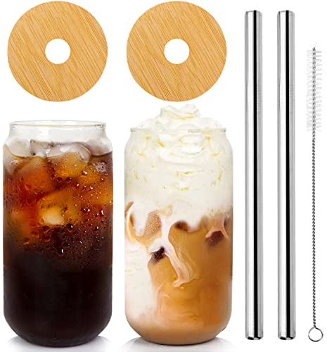 Bierdosenglas mit Deckel und Strohhalm, 2 Packungen 590 ml Trinkgläser mit Bambusdeckel, Eiskaffeetasse, Dosenform, Glas, wiederverwendbar, große Perlensäfte, Cocktail-Reiseflasche, Camping-Geschenke