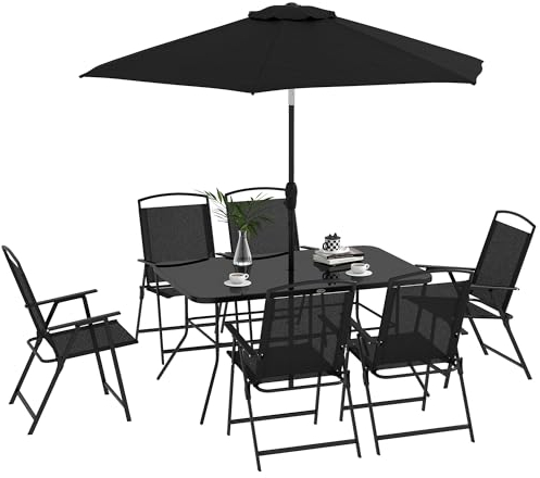 Outsunny Conjunto de Muebles de Jardín 8 Piezas Juego de Comedor de Jardín con 6 Sillas Plegables Mesa de Comedor de Vidrio y Sombrilla Inclinable para Terraza Patio Negro