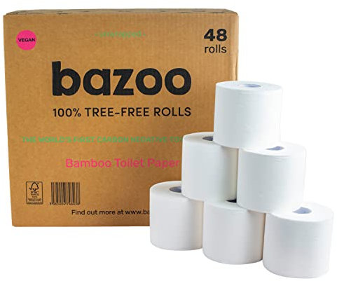 Bazoo Luxury Bamboo Unwrapped Toilet Tissue Paper - Plastic Free, Eco Friendly, Septic Safe, Biodegradeable Bath Tissue with Soft, Quick Dissolving 3 Ply Sheets - Double-Length Bamboo Toilet Rolls