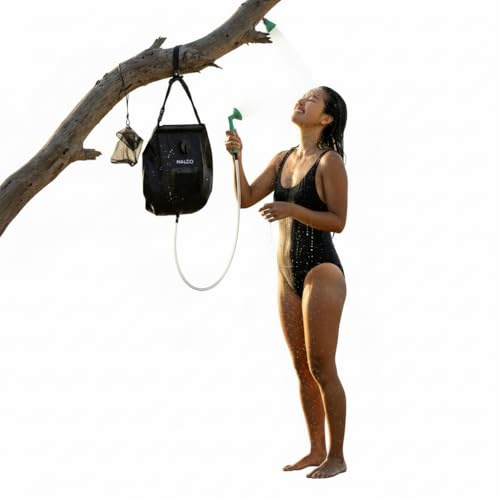 Malo’o Portable 5 Gallon Solar Shower Bag with Temperature Gauge – Camping Shower with Adjustable Flow Nozzle, 19L Outdoor Water Bag, Includes Toiletry Pouch & Storage Bag