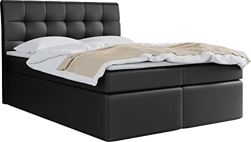 WFL GROUP Boxspringbett mit Bettkasten 120x200 140x200 160x200 180x200 200x200 Doppelbett Gepolstert Bett Mit Matratze und Topper - Stauraumbett mit Kopfteil - Schwarz Kunstleder - 120 x 200 cm
