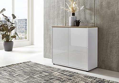 moebel-dich-auf Schuhschrank Ben 4 Kommode Sideboard Türkommode (weiß/weiß Hochglanz, Absetzung in Artisan Eiche Nb.)