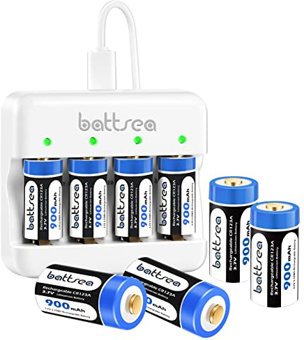 Battsea Rechargeable 123A / 123 Lithium Batteries 8 Pack 900mAh 3.7V with Fast Charger Compatible with Arlo Camera Flashlights Microphone Smoke Detector Electric Shaver Alarm Clock Calculator