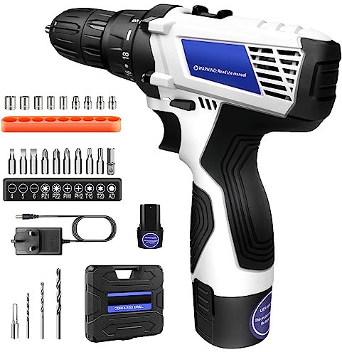 Cordless Drill 12V, Handheld Electric Driver Screwdriver with 2X 1300mAh Li-ion Batteries, 18+1 Torque Setting, 2 Variable Speeds, 45Nm Torque, for Home DIY and Drilling