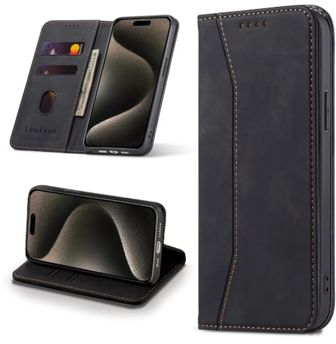 Leaisan Handyhülle für iPhone 15 Pro Max Hülle Premium Leder Flip Klappbare Stoßfeste Magnetische [Standfunktion] [Kartenfächern] Schutzhülle für iPhone 15 Pro Max 5G (6,7 Zoll) Tasche - Schwarz