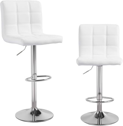 Height Adjustable Cuban Bar Chair With Synthetic Leather, 360° Swivel Seating, Backrest and Footrest for Kitchen, Counter and Breakfast Area (White, Set of 2)
