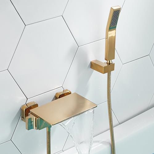 XJTNLB Robinet Baignoire Mural Doré Mitigeur Cascade Baignoire, Mitigeur Bain Douche sur Baignoire avec Inverseur Douche,A