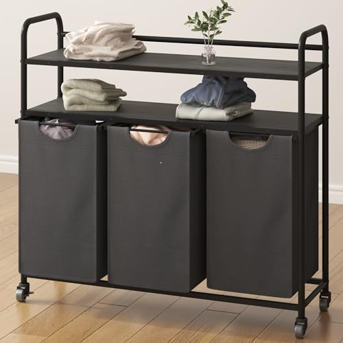 Hzuaneri Panier à Linge à 3 Compartiments, avec 2 étagères, Sac à Linge Extensible et Amovible, par Sac de 46 l, 3 x 46 l, pour Salle de Bain, buanderie, Gris LB08604B