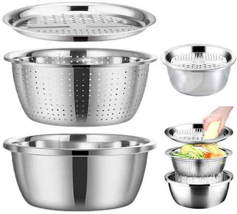 Multifunctional Stainless Steel Basin with Grater Vegetable Cutter,Strainers and Colanders Kitchen Colander Strainer Set,Salad Spinner Fruit Vegetable Rice Washing Strainer Basket Washing Bowl (26cm)