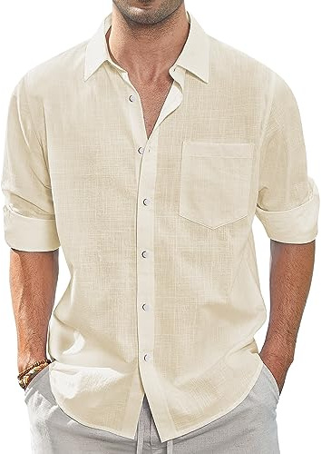 J.VER Hemd Herren Langarm Freizeithemd Baumwolle Leinen Hemden Outdoor Urlaub Strandurlaub Leinenshirt Sommerhemd Urlaub Party Shirt Beige 3XL