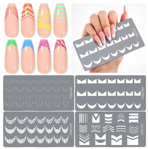 SAVILAND Nail Stamping Plate Set: 4PCS Stamper Stencils French Tip Nails Art Tools Wave Stripes Geometric Image Nail Designs Plates Kit Stainless Steel Reusable DIY Manicure