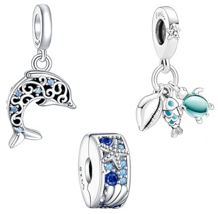 Rimgoris Lot de 3 bracelets à breloques en argent sterling 925 pour femme - Collier série océan - Coquille de dauphin, étoile de mer, tortue - Charme pour femme
