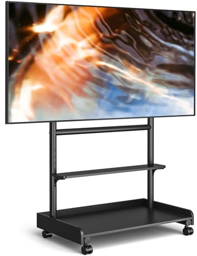 YOMT Soporte rodante para TV de 86 pulgadas, tubo redondo de 40 mm, capacidad de 68 kg, 6 posiciones ajustables, estante de 30 kg, ruedas con freno de 2 pulgadas, gestión de cables, montaje rápido