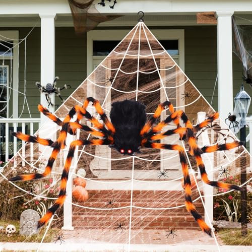 Halloween Deko Outdoor Gruselig, Halloween Spinnennetz Dekoration Set, Riesen Spinnennetz &1Stück 125cm Riesenspinne mit 10 Mini Spinnen, Horror Deko für Halloween Deko Garten(Orange & Schwarz)