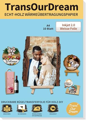 TransOurDream (10 Blatt, A4+1 Bauwollstoff Echt Holz Inkjet Wärmetransferpapier für Tintenstrahldrucker, bedruckbares Transferpapier zum Aufbügeln für Holz,Wood Transfer Paper (D-14-1.0-10)